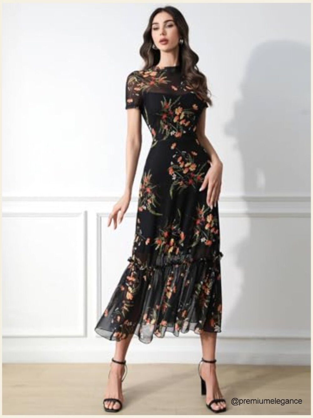 Floral Mesh Ruffle Maxi Dress Short Sleeve Round Neck High Waist Casual Wedding - Picture 5 of 7